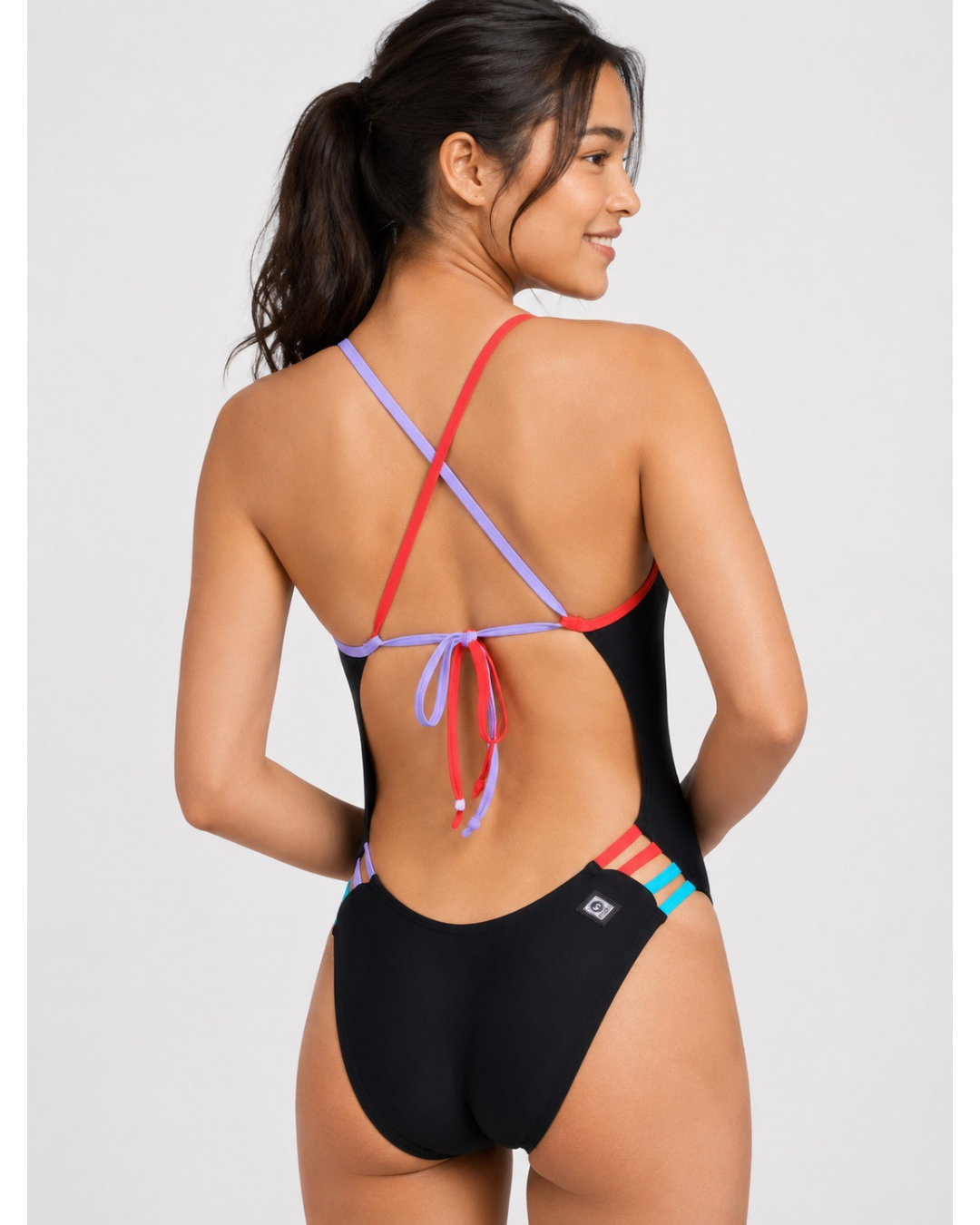 Contrast Gavin Tie-Back Onesie | Black & Hawaii Blue & Strawberry