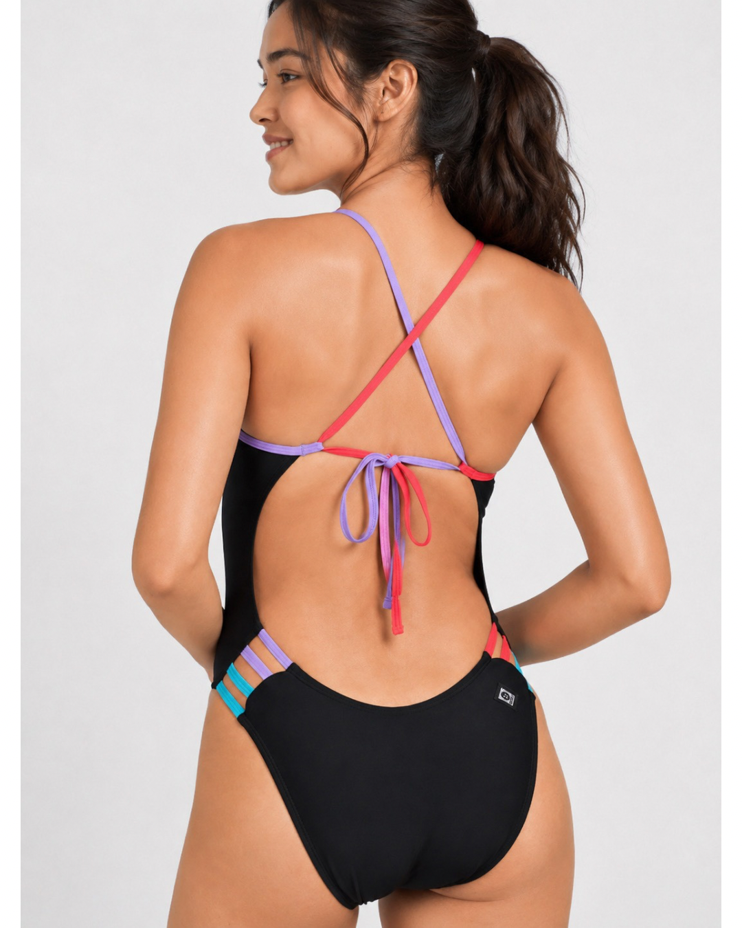 Contrast Gavin Tie-Back Onesie | Black & Hawaii Blue & Strawberry