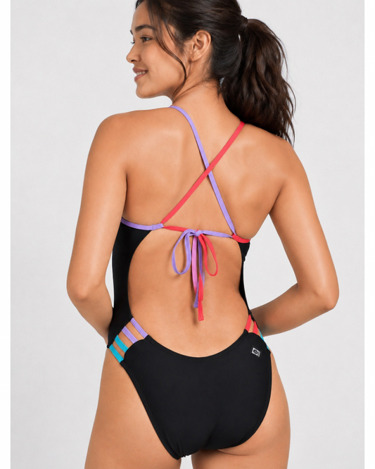 Contrast Gavin Tie-Back Onesie | Black & Hawaii Blue & Strawberry