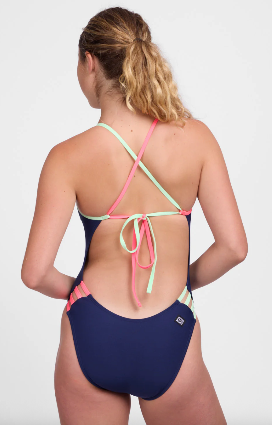 Contrast Gavin Tie-Back Onesie | Navy & Mint & Hot Pink